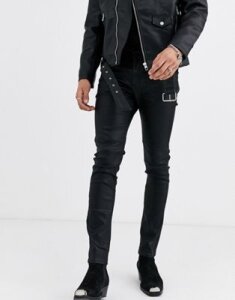 ASOS EDITION skinny jeans in black coated leather look with western details
