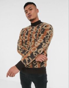 ASOS EDITION textured sweater in textured animal stripe pattern-Brown