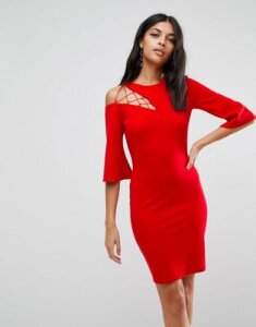 ASOS Fluted Sleeve Shift Dress with Ladder Detail-Red