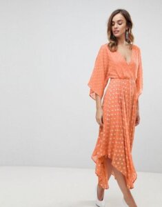 ASOS Flutter Sleeve Midi Dress with Hanky Hem in Glitter Spot-Orange