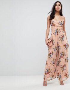 ASOS Jumpsuit with Back Detail in Soft Floral Print-Pink