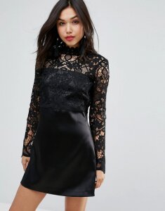 ASOS Lace Bodice Long Sleeve Satin Mini Dress-Black