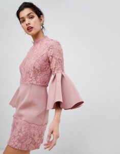 ASOS Lace Fluted Sleeve Scuba Skater Mini Dress-Pink