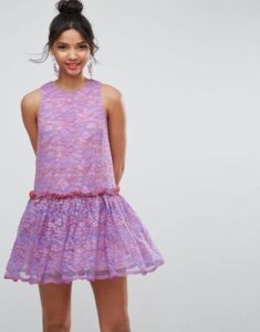 ASOS Lace Smock Drop Waist Mini Dress-Purple