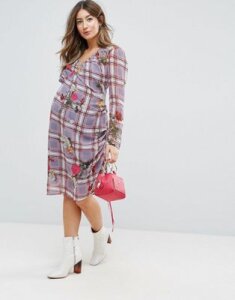 ASOS Maternity Floral and Check Midi Dress with Tie Side Channelling Detail-Multi