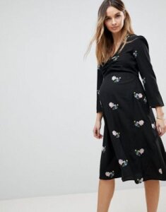 ASOS Maternity Floral Embroidered Midi Tea Dress-Black