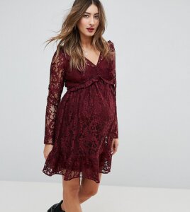 ASOS Maternity Lace Smock Mini Dress with Ruffles-Red