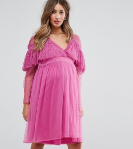 ASOS Maternity Mesh Wrap Dress with Dobby Ruffle-Pink