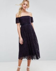 ASOS Off the Shoulder Lace Prom Midi Dress-Navy