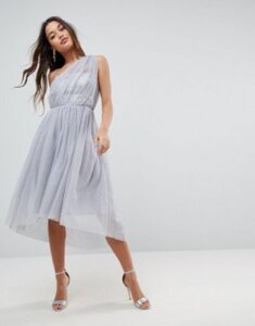 ASOS PREMIUM Crystal Bodice Tulle One Shoulder Midi Prom Dress-Gray