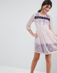 ASOS PREMIUM Eyelash Lace Mini Dress with Embroidery-Purple