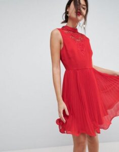 ASOS Sleeveless Lace Insert Pleated Mini Dress-Red