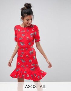 ASOS TALL Tea Dress with V Back and Frill Hem in Red Floral Print-Multi