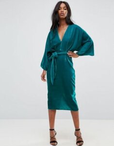 ASOS Velvet Plunge Kimono Midi Dress with Tie Waist-Blue