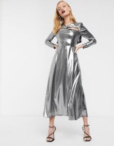 ASOS WHITE metallic long sleeve midi dress-Silver