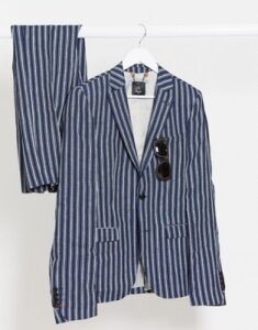 Avail London skinny fit linen suit jacket in navy stripe