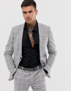 Avail London skinny fit suit jacket in light gray windowpane check