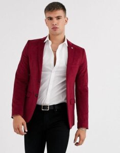 Avail London skinny suit jacket in burgundy velvet-Red