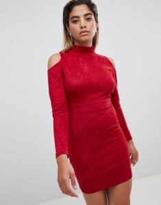 AX Paris Cold Shoulder Long Sleeve Bodycon Dress-Red