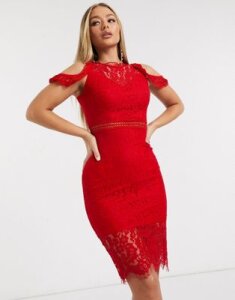 AX Paris lace cold shoulder midi dress in red