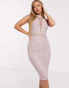 AX Paris plunge lace insert midi dress in light pink-Beige