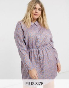 AX Paris Plus gathered waist shirt dress in ditsy floral-Pink