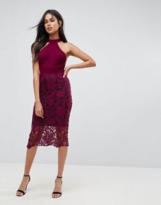 AX Paris Racer Neck Midi Dress With Crochet Lace Skirt And Contrast Lining-Purple