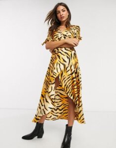 AX Paris wrap midi dress in tiger print-Multi