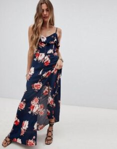 Band Of Gypsies Button Front Flounce Floral Maxi Dress-Navy