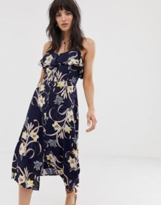 Band of Gypsies ruffle front button down midi dress in navy floral print