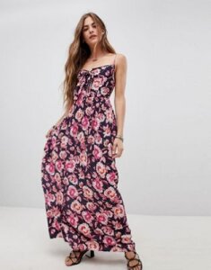 Band Of Gypsies Tie Front Maxi Dress in Floral Print-Navy