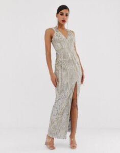 Bariano embellished metallic lace maxi dress in silver