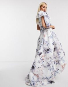Bariano one shoulder dress with bow detail in blue floral-Multi