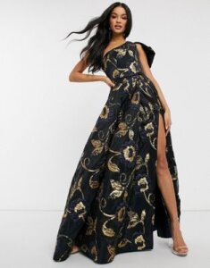 Bariano one shoulder prom dress with thigh split in navy jacquard print