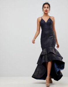 Bariano tiered fishtail mesh maxi dress in navy