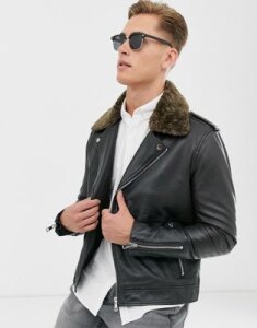 Barneys Originals real leather biker with removable teddy collar-Black