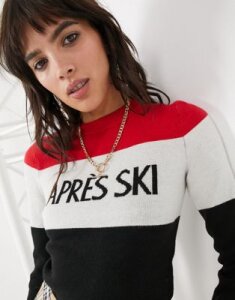 Bershka apres ski slogan knitted sweater in multi