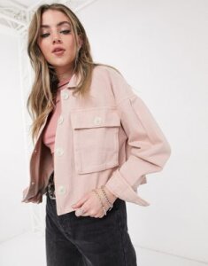 Bershka canvas jacket with pocket detail in pink