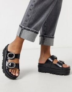 Bershka chunky platform sandal with gem detail in black