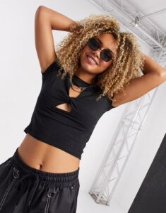 Bershka cut out crop top with knot detail in black
