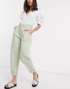 Bershka elasticated waist slouchy pants in khaki-Green