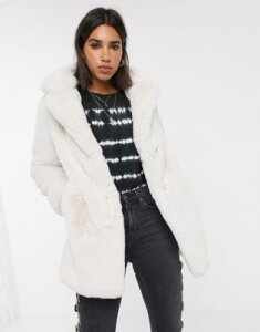 Bershka faux fur longline coat in ecru-Cream