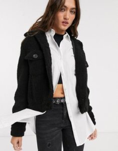 Bershka fleece button up jacket in black
