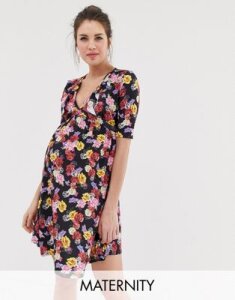 Bluebelle Maternity wrap over skater dress in floral print-Multi