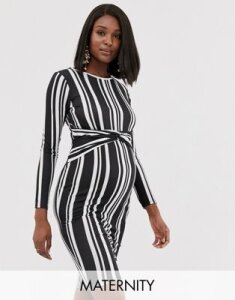Blume Maternity exclusive twist front stretch midi dress in black and white stripe