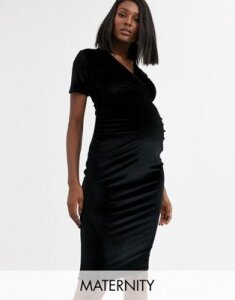 Blume Maternity exclusive velvet wrap front stretch midi dress in black-Red