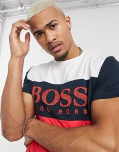 BOSS Athleisure cut and sew large chest logo t-shirt in navy and red