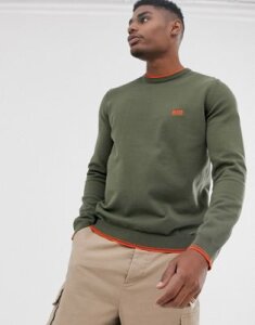 BOSS Athleisure orange tipped logo crew neck sweater in khaki-Green