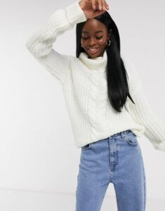 Brave Soul anthorn roll neck cable knit sweater in ivory-White