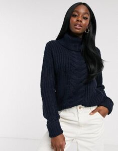 Brave Soul anthorn roll neck cable knit sweater in navy